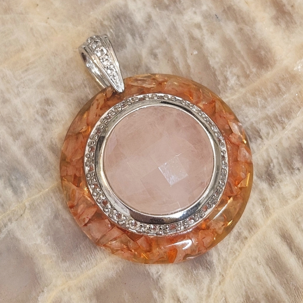YC 925 Faceted Rose Quartz Stone Set Inside Resin With Rose Quartz Chips Pendant